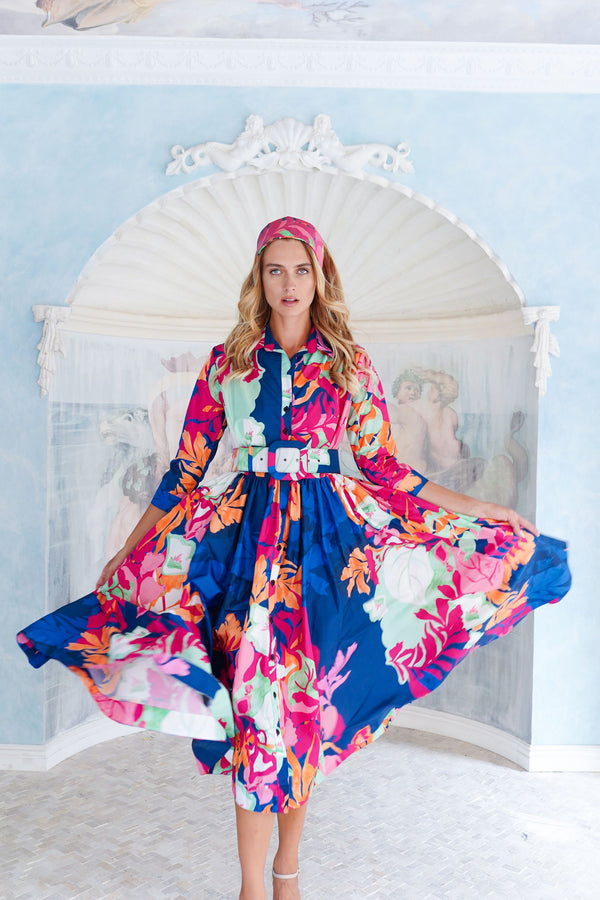 Terry Dress Shirt Collar 3/4 Sleeve Midi Length Poliamide Taffta (Spanish Garden)