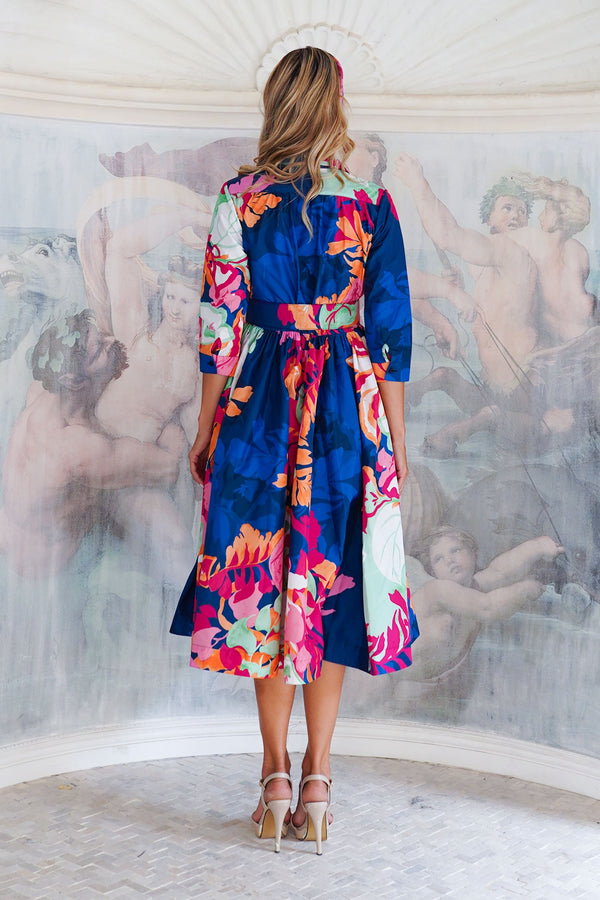 Terry Dress Shirt Collar 3/4 Sleeve Midi Length Poliamide Taffta (Spanish Garden)