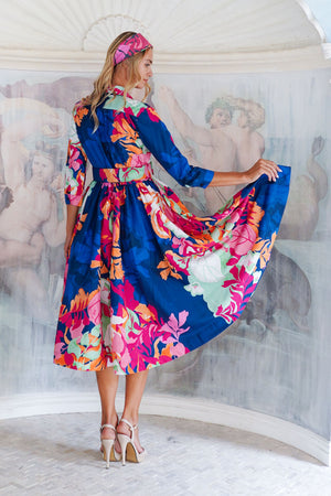 Terry Dress Shirt Collar 3/4 Sleeve Midi Length Poliamide Taffta (Spanish Garden)