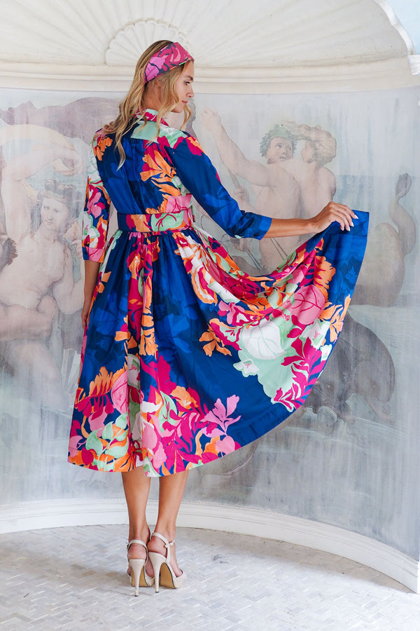 Terry Dress Shirt Collar 3/4 Sleeve Midi Length Poliamide Taffta (Spanish Garden)