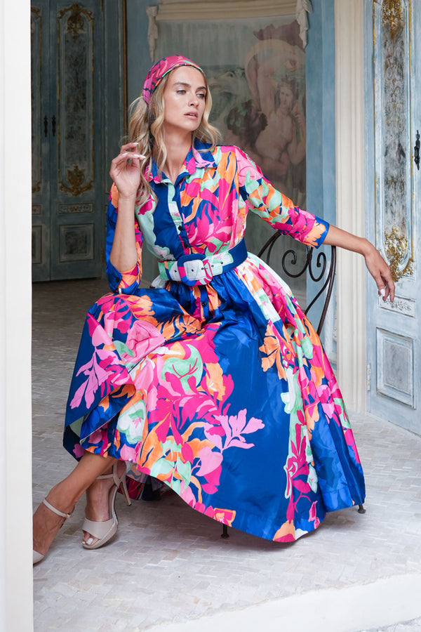 Terry Dress Shirt Collar 3/4 Sleeve Midi Length Poliamide Taffta (Spanish Garden)