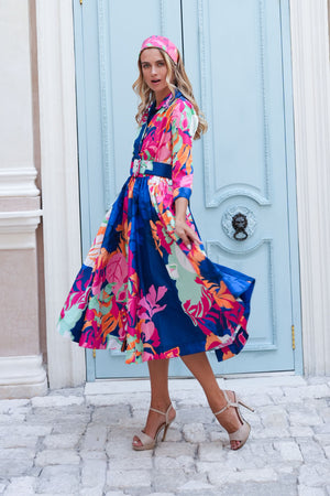 Terry Dress Shirt Collar 3/4 Sleeve Midi Length Poliamide Taffta (Spanish Garden)