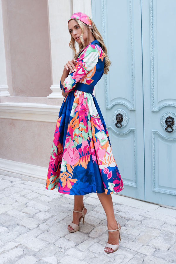 Terry Dress Shirt Collar 3/4 Sleeve Midi Length Poliamide Taffta (Spanish Garden)