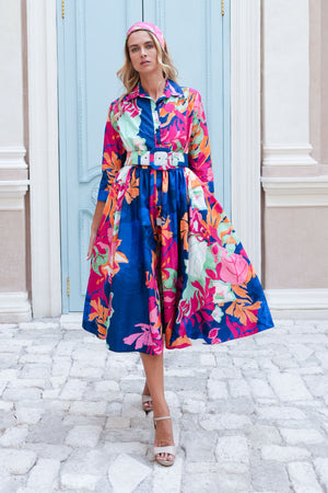 Terry Dress Shirt Collar 3/4 Sleeve Midi Length Poliamide Taffta (Spanish Garden)