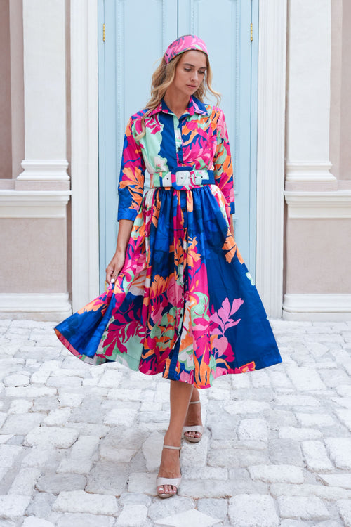 Terry Dress Shirt Collar 3/4 Sleeve Midi Length Poliamide Taffta (Spanish Garden)