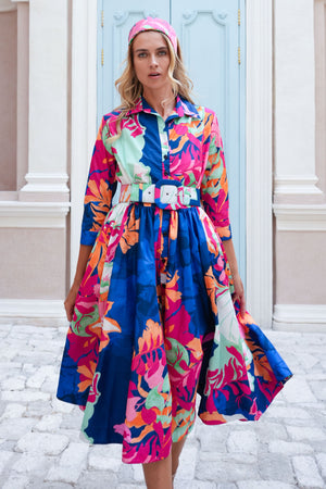 Terry Dress Shirt Collar 3/4 Sleeve Midi Length Poliamide Taffta (Spanish Garden)