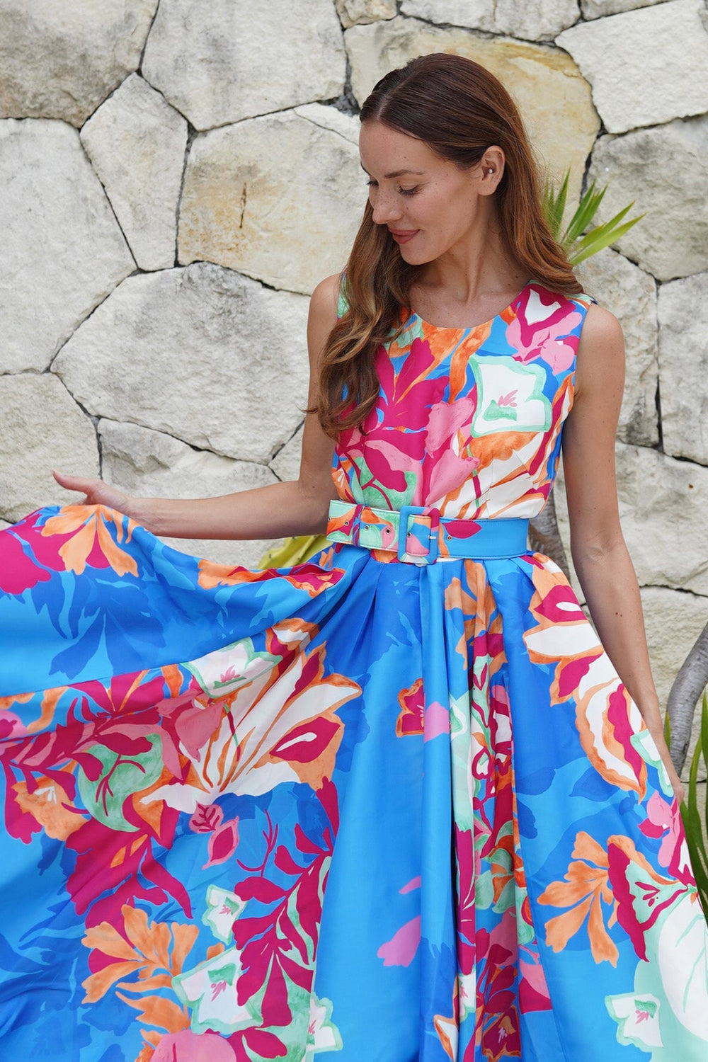 Abelia Dress Crew Neck Sleeveless Midi Length Poliamide Taffta (Spanish Garden)