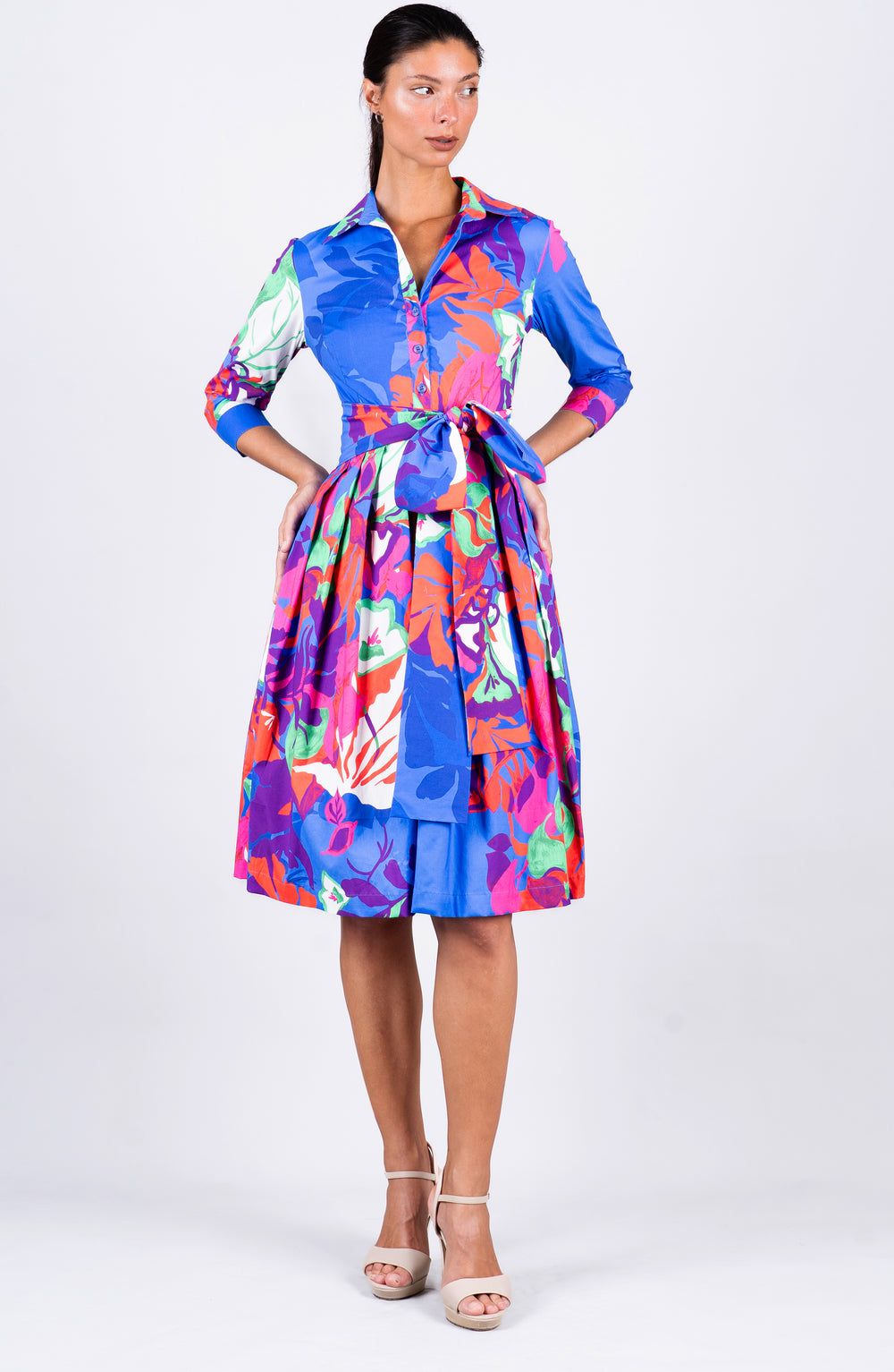 Audrey Dress #2 Shirt Collar 3/4 Sleeve Regular Length Cotton Stretch (Spanish Garden)