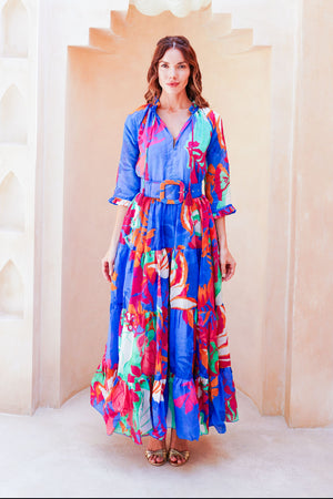 Eva Dress Crew Neck 3/4 Sleeve Maxi Length Cotton Musola (Spanish Garden)