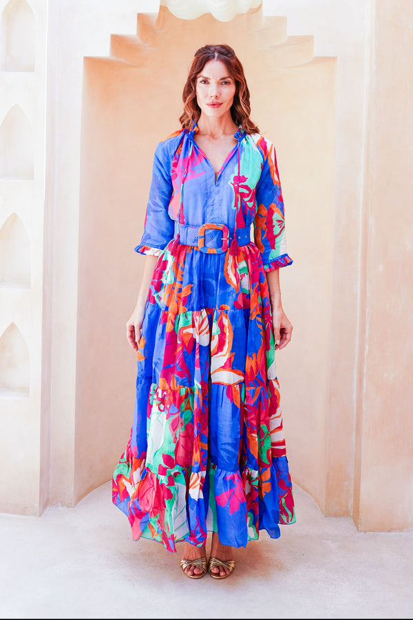 Eva Dress Crew Neck 3/4 Sleeve Maxi Length Cotton Musola (Spanish Garden)