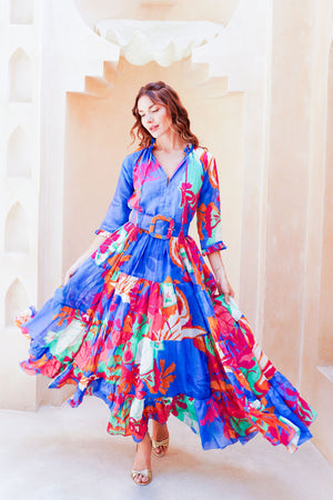 Eva Dress Crew Neck 3/4 Sleeve Maxi Length Cotton Musola (Spanish Garden)