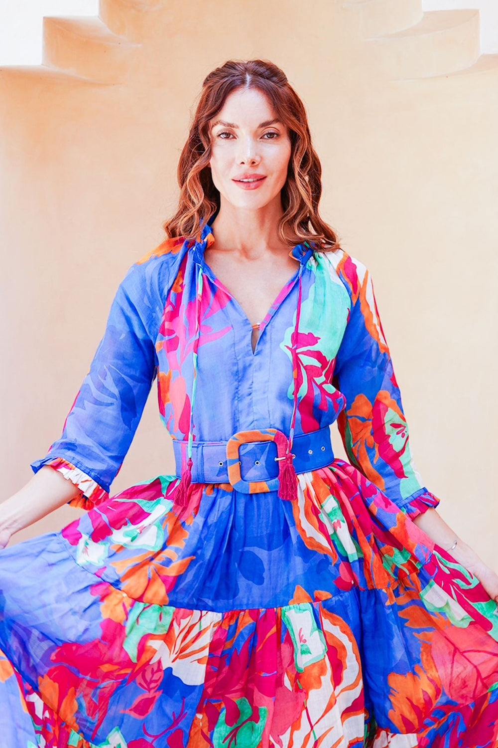 Eva Dress Crew Neck 3/4 Sleeve Maxi Length Cotton Musola (Spanish Garden)