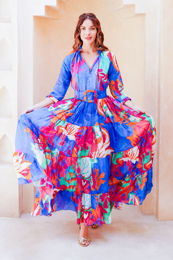 Eva Dress Crew Neck 3/4 Sleeve Maxi Length Cotton Musola (Spanish Garden)