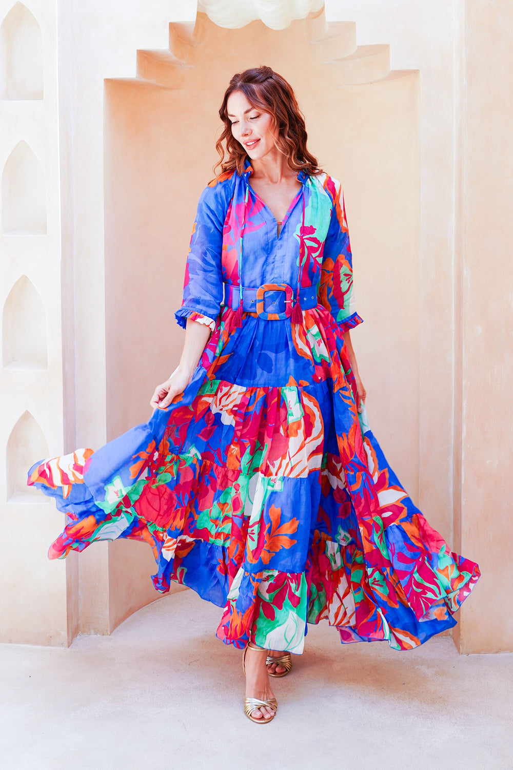 Eva Dress Crew Neck 3/4 Sleeve Maxi Length Cotton Musola (Spanish Garden)