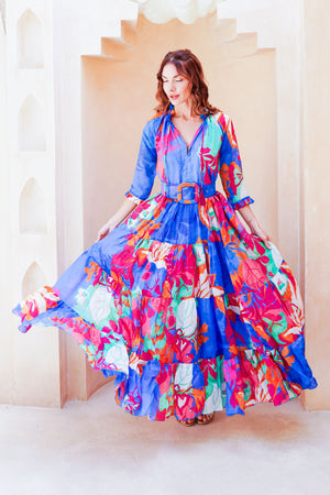 Eva Dress Crew Neck 3/4 Sleeve Maxi Length Cotton Musola (Spanish Garden)