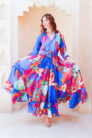 Eva Dress Crew Neck 3/4 Sleeve Maxi Length Cotton Musola (Spanish Garden)