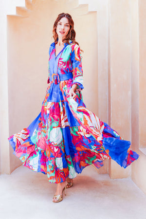 Eva Dress Crew Neck 3/4 Sleeve Maxi Length Cotton Musola (Spanish Garden)