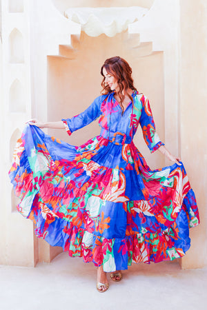 Eva Dress Crew Neck 3/4 Sleeve Maxi Length Cotton Musola (Spanish Garden)