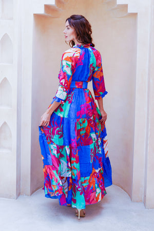 Eva Dress Crew Neck 3/4 Sleeve Maxi Length Cotton Musola (Spanish Garden)