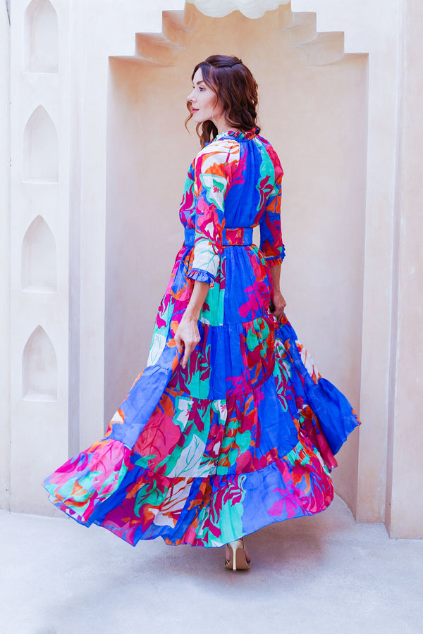 Eva Dress Crew Neck 3/4 Sleeve Maxi Length Cotton Musola (Spanish Garden)