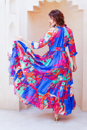 Eva Dress Crew Neck 3/4 Sleeve Maxi Length Cotton Musola (Spanish Garden)