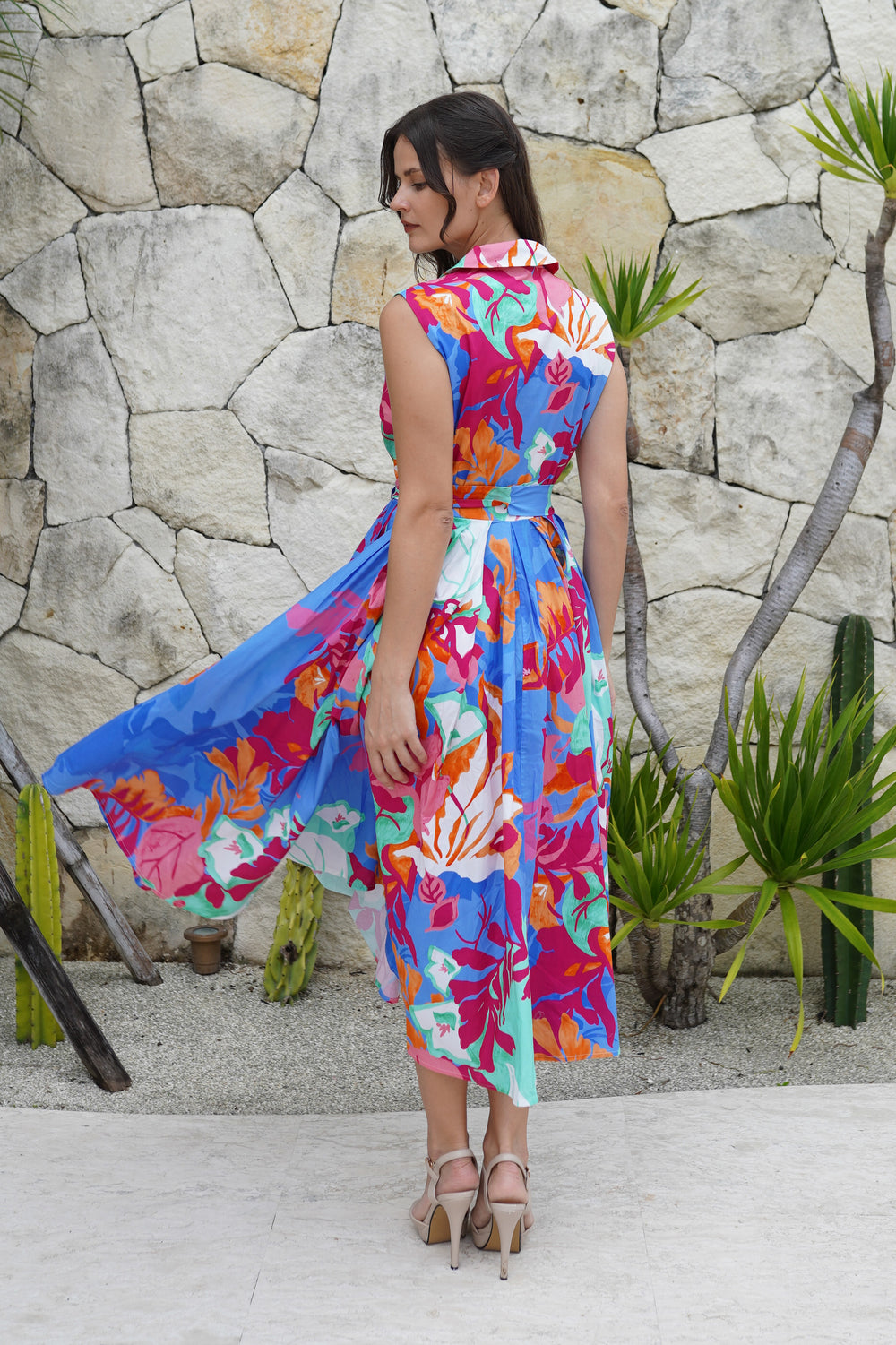 Laurent Dress Shirt Collar Sleeveless Midi Length Cotton Stretch (Spanish Garden)