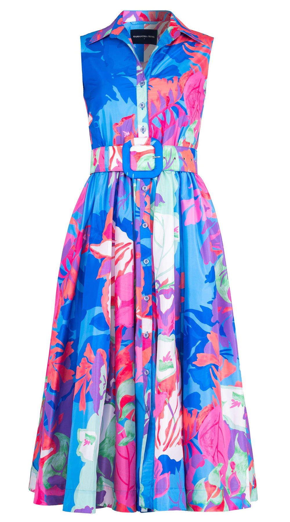 Terry Dress Shirt Collar Sleeveless Midi Plus Length Silk Taffta (Spanish Garden)