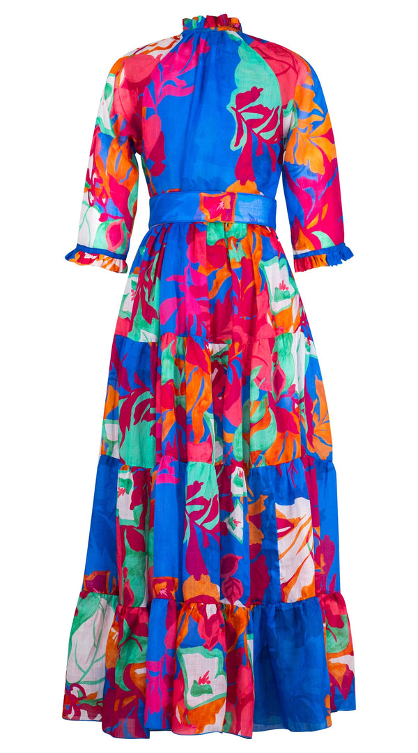 Eva Dress Crew Neck 3/4 Sleeve Maxi Length Ramie (Spanish Garden)