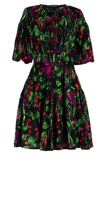Birdy Dress #1 Crew Neck 3/4 Puff Sleeve Petite Length Lame (Summer Vegetables)