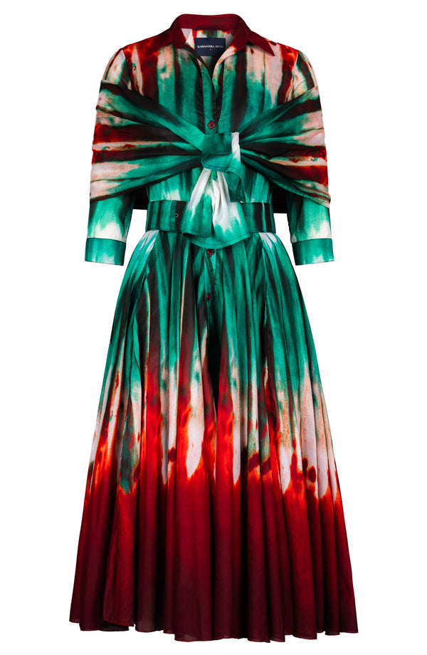 Aster Dress Shirt Collar 3/4 Sleeve Midi Length Cotton Musola (Sunset Tie Dye)