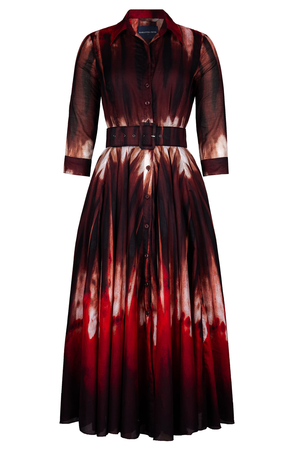 Aster Dress Shirt Collar 3/4 Sleeve Midi Plus Length Cotton Musola (Sunset Tie Dye)