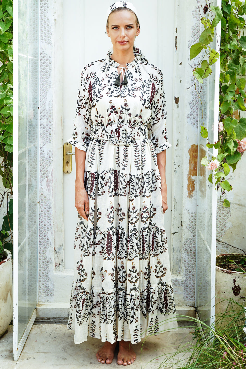 Eden Dress Crew Neck 3/4 Sleeve with Hamilton Belt Maxi Length Cotton Musola (Suzani Ferns)