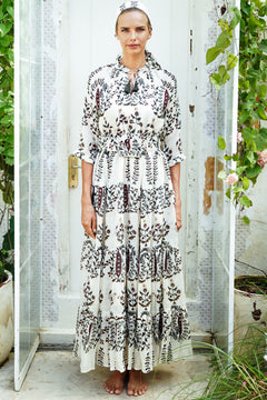 Eden Dress Crew Neck 3/4 Sleeve with Hamilton Belt Maxi Length Cotton Musola (Suzani Ferns)