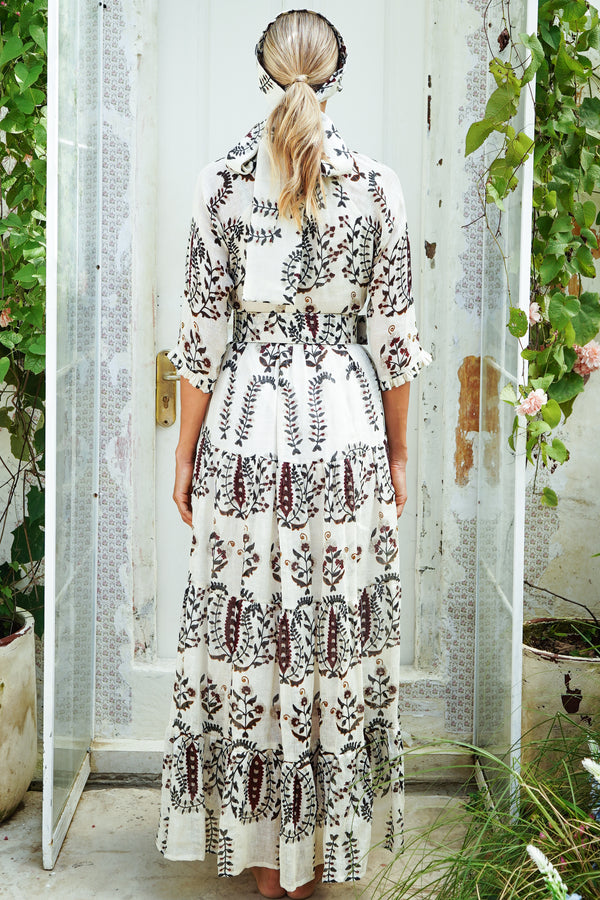 Eden Dress Crew Neck 3/4 Sleeve with Hamilton Belt Maxi Length Cotton Musola (Suzani Ferns)