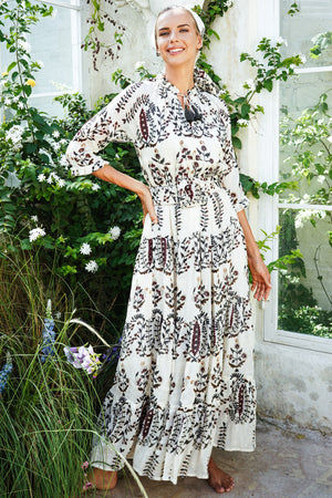 Eden Dress Crew Neck 3/4 Sleeve with Hamilton Belt Maxi Length Cotton Musola (Suzani Ferns)
