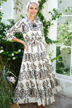 Eden Dress Crew Neck 3/4 Sleeve with Hamilton Belt Maxi Length Cotton Musola (Suzani Ferns)