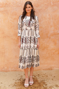 Melanie Dress Crew Neck 3/4 Sleeve Midi Plus Length Linen (Suzani Ferns)