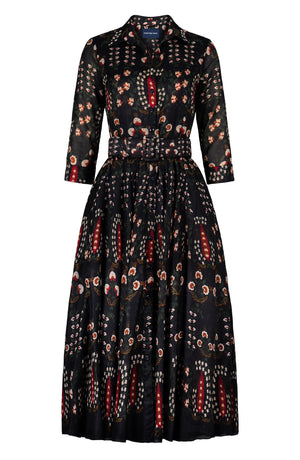 Aster Dress Shirt Collar 3/4 Sleeve Maxi Length Ramie (Suzani Ferns)