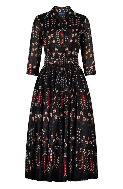Aster Dress Shirt Collar 3/4 Sleeve Maxi Length Ramie (Suzani Ferns)