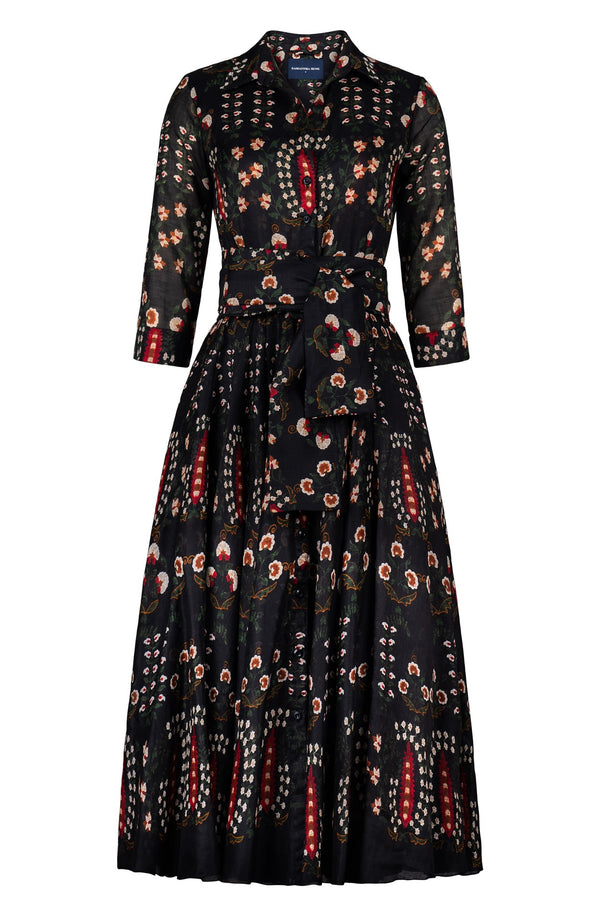 Aster Dress Shirt Collar 3/4 Sleeve Maxi Length Ramie (Suzani Ferns)