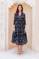 Aster Dress Shirt Collar 3/4 Sleeve Midi Length Cotton Musola (Suzani Ferns)