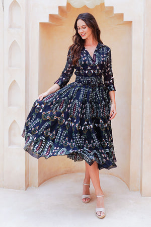 Aster Dress Shirt Collar 3/4 Sleeve Midi Length Cotton Musola (Suzani Ferns)