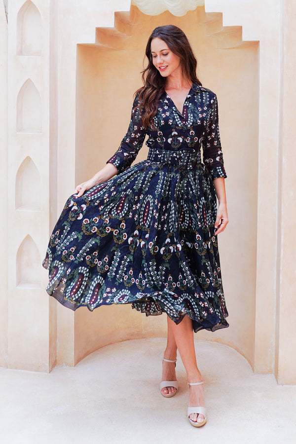 Aster Dress Shirt Collar 3/4 Sleeve Midi Length Cotton Musola (Suzani Ferns)