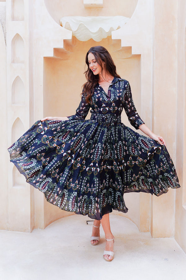 Aster Dress Shirt Collar 3/4 Sleeve Midi Length Cotton Musola (Suzani Ferns)