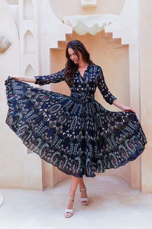 Aster Dress Shirt Collar 3/4 Sleeve Midi Length Cotton Musola (Suzani Ferns)