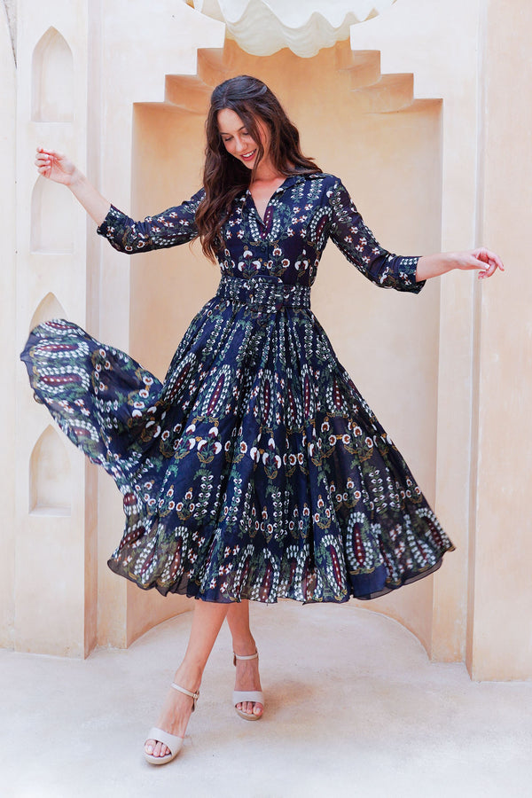 Aster Dress Shirt Collar 3/4 Sleeve Midi Length Cotton Musola (Suzani Ferns)