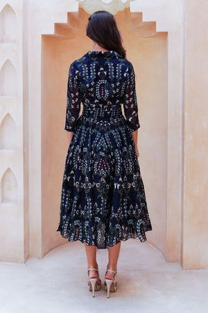 Aster Dress Shirt Collar 3/4 Sleeve Midi Length Cotton Musola (Suzani Ferns)