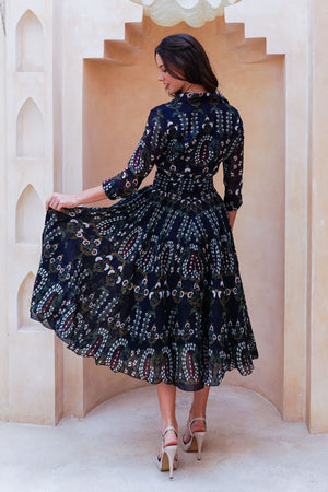 Aster Dress Shirt Collar 3/4 Sleeve Midi Length Cotton Musola (Suzani Ferns)