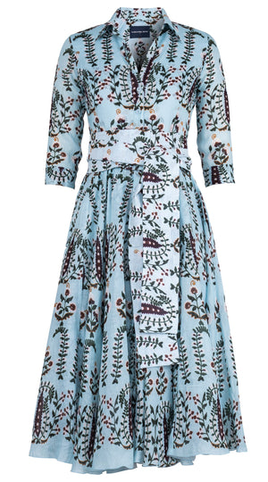 Aster Dress Shirt Collar 3/4 Sleeve Midi Length Ramie (Suzani Ferns)