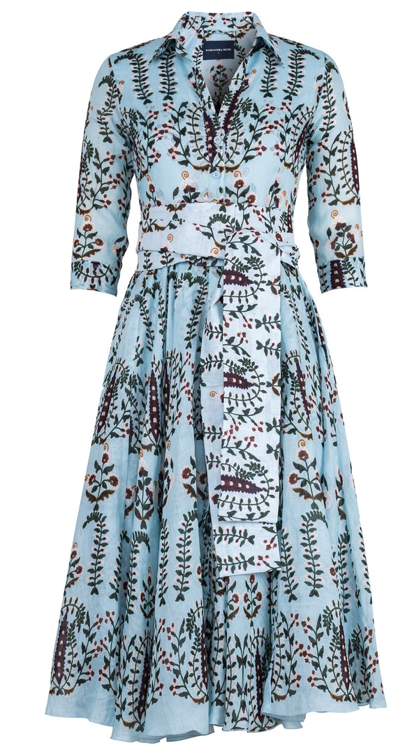 Aster Dress Shirt Collar 3/4 Sleeve Midi Length Ramie (Suzani Ferns)
